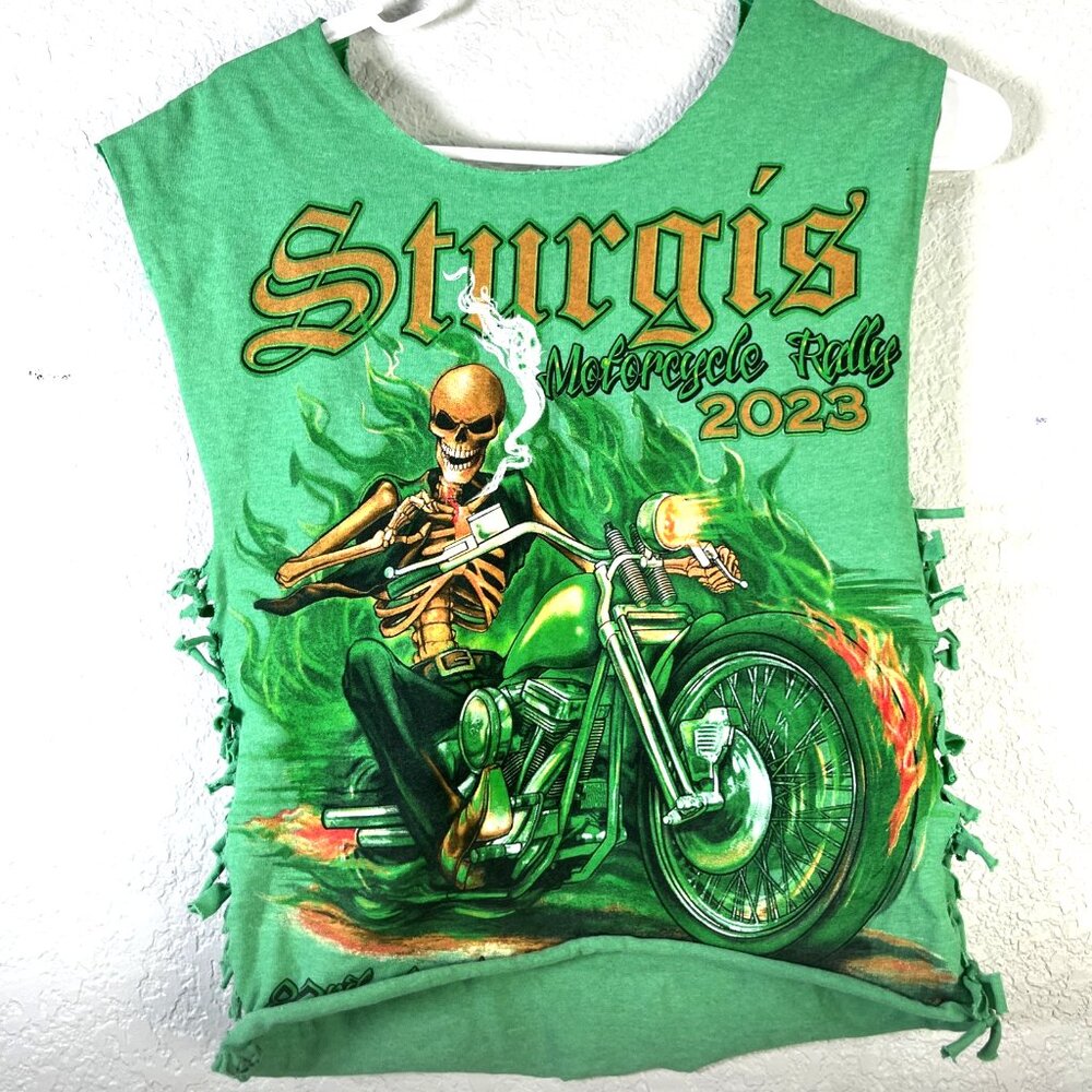 Sturgis Motorcycle Rally 2023 Custom Tank Top Womens S Green Skeleton Biker Rock